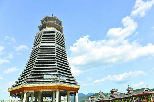 世界第二高侗族鼓楼建成双层宝塔有27层重檐