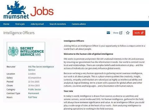 英国军情六处在“妈妈网”上发布招聘启事。