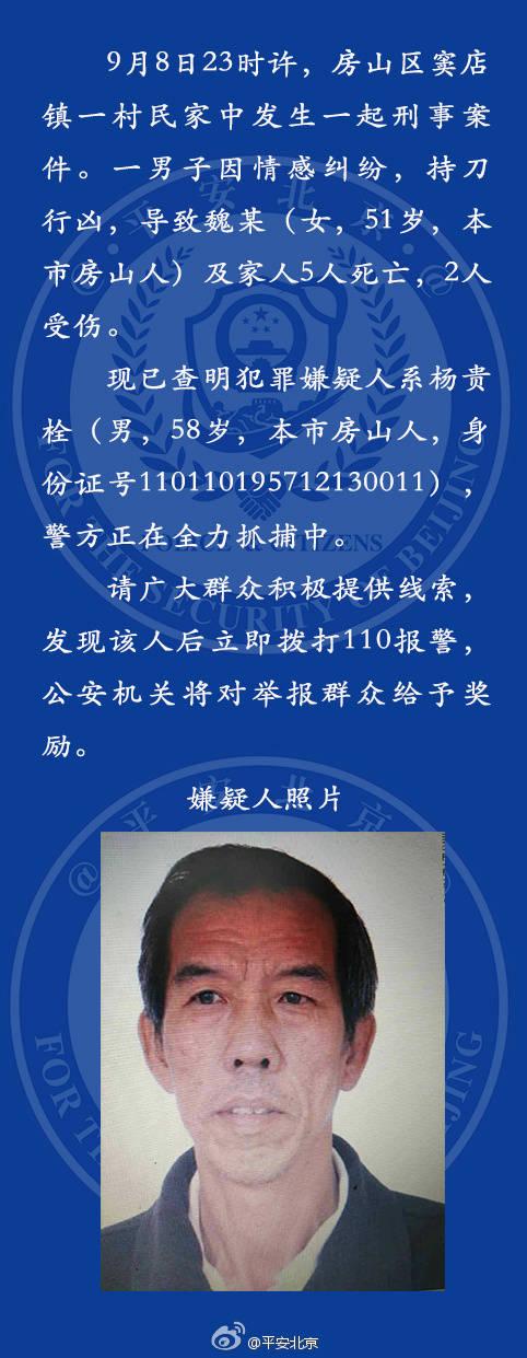 房山男子因感情纠纷行凶杀一家5口 北京警方通缉