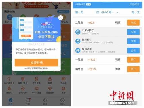 某OTA平台上提示用户“为适应电商法需升级APP”，其提供的火车票购买也不存在默认搭售情况。截图